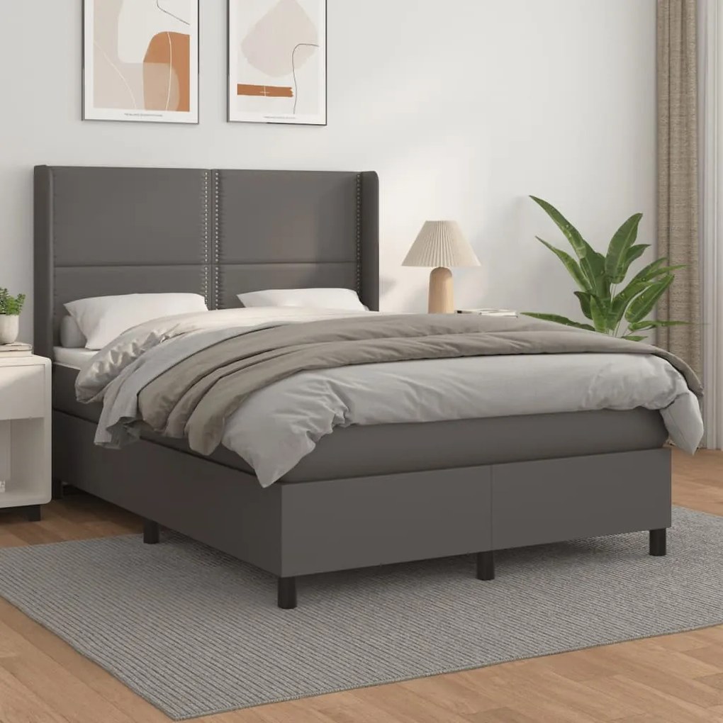 vidaXL Pat box spring cu saltea, gri, 140x200 cm, piele ecologică