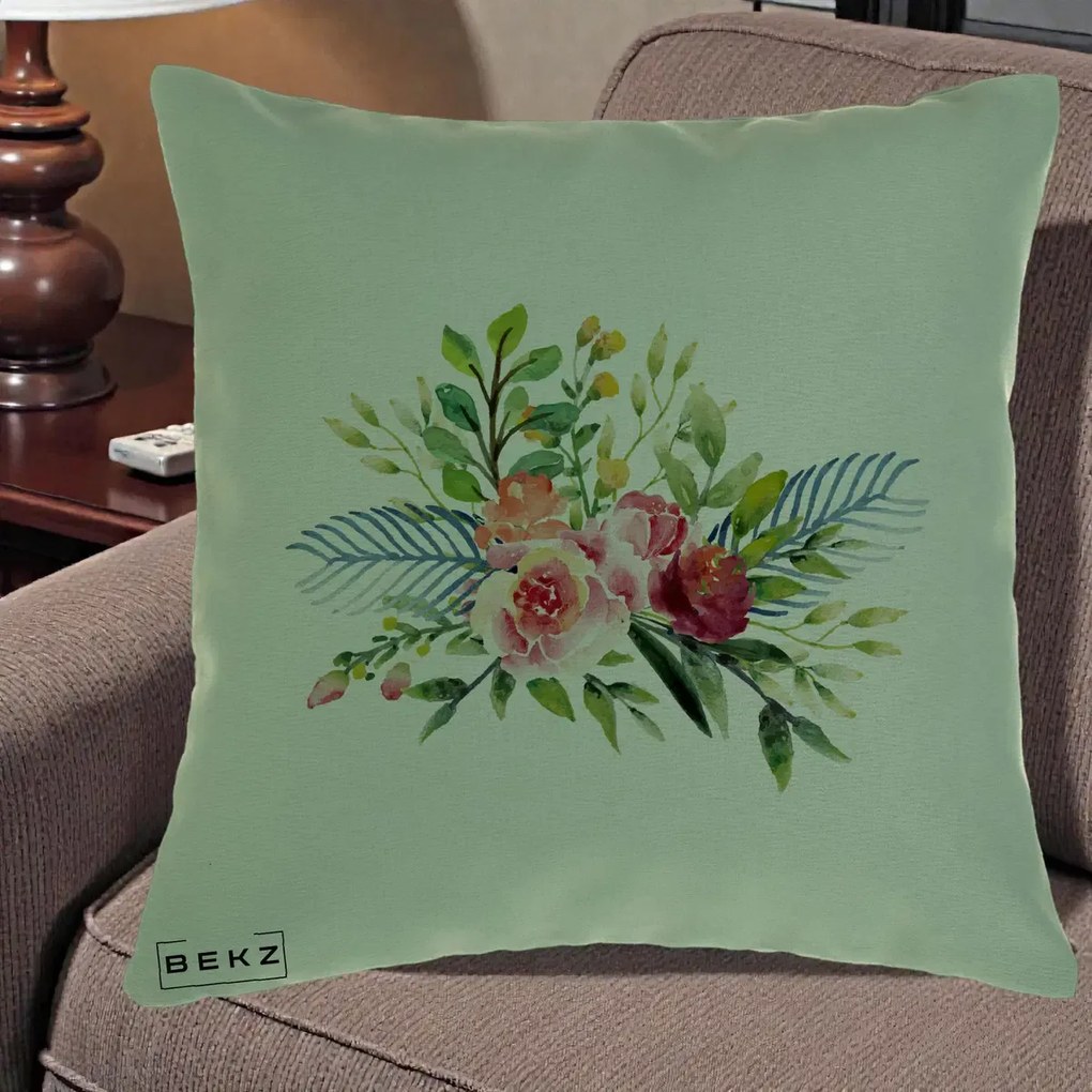 Perna Decorativa Buchet Flori Acuarela Roz-Verde, 40x40 cm, Verde, Husa Detasabila, Perna Inclusa, BEKZ®