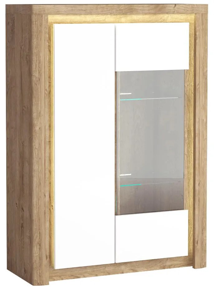 Vitrină Livia 05 (cu iluminat LED) (Stejar ribbeck + Alb lucios). 1057861
