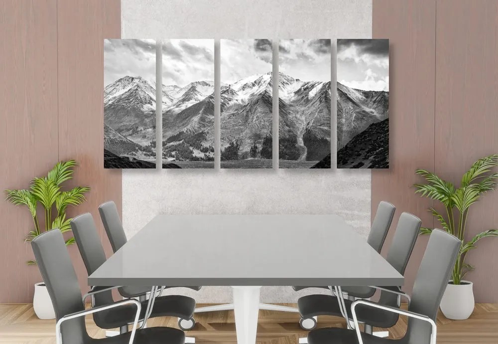 Tablou 5-piese panorama montană frumoasă în design alb-negru