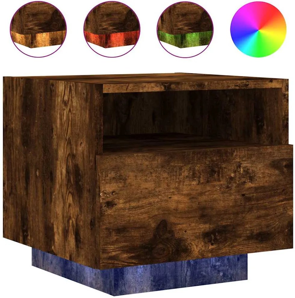 vidaXL Noptiere cu lumini LED, stejar fumuriu, 40x39x37 cm