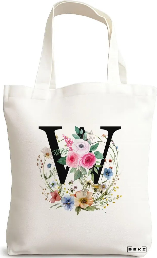 Sacosa de Panza pentru Cumparaturi, Geanta Tote, Cu litera W in Coronita Florala, 38x34.5 cm, Alba, BEKZ®