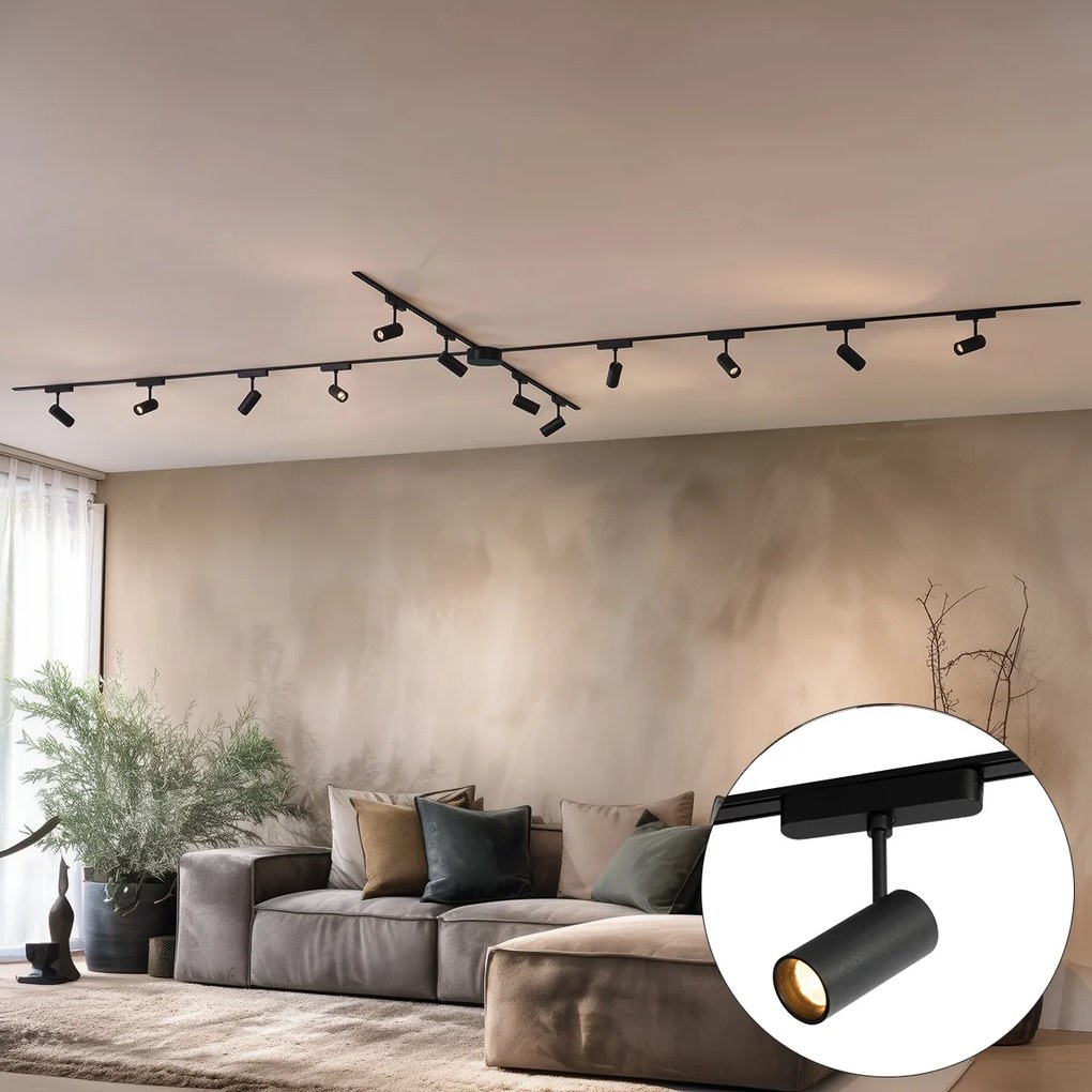 Sistem de iluminat modern pe șină cu 12 spoturi negre monofazate 600 cm - Magnetic Gert