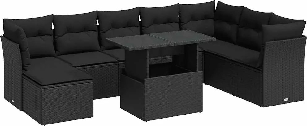 vidaXL Set mobilier de grădină cu perne, 9 piese, negru, poliratan