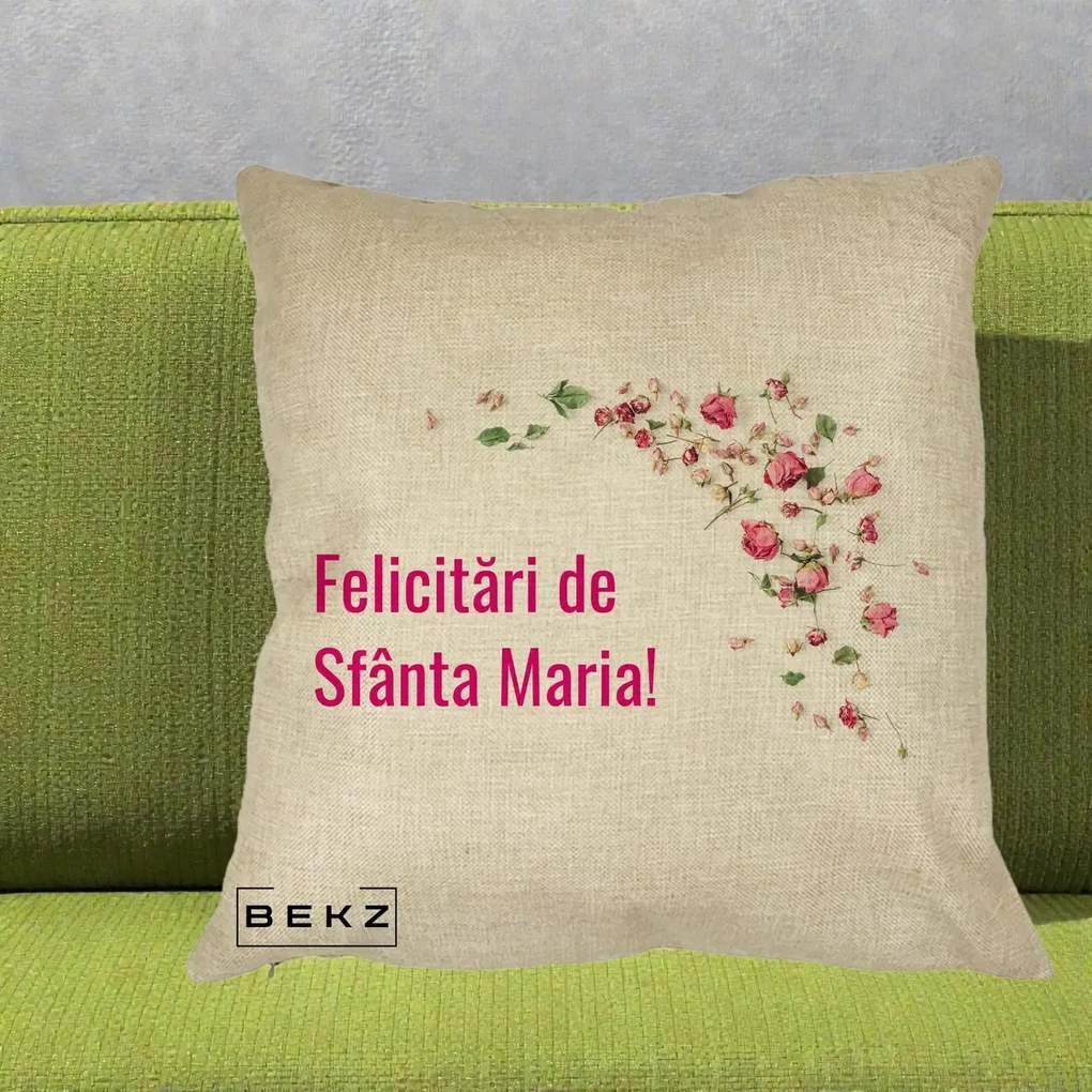 Cadou de Onomastica - Perna Personalizata Felicitari de Sfanta Maria, 40x40 cm, Crem, Husa Detasabila, Perna Inclusa, BEKZ®