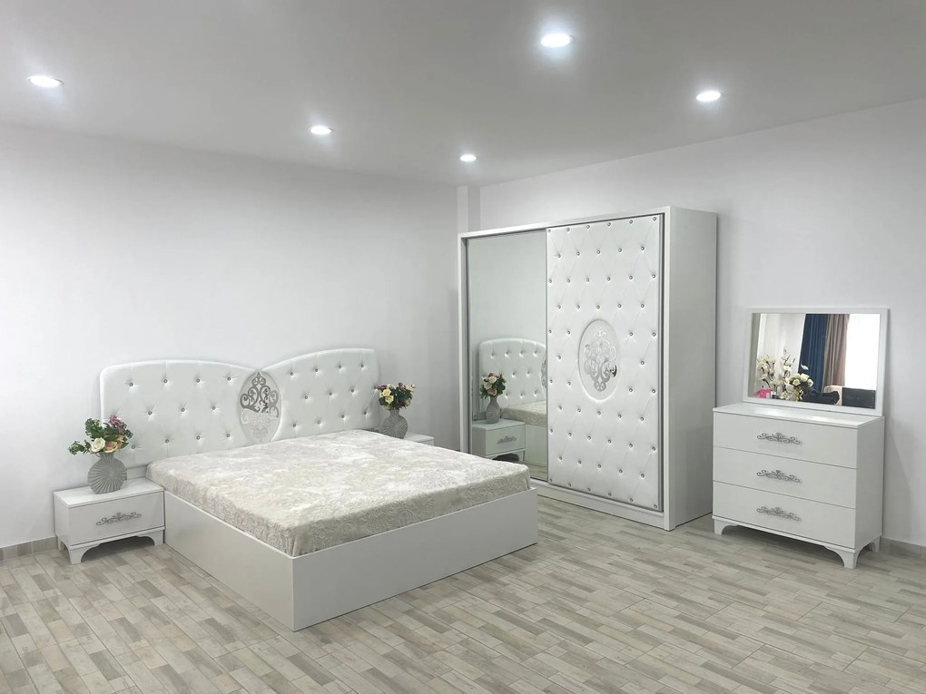Dormitor Viena, culoare alb, cu pat tapitat 160 x 200 cm, dulap cu 2 usi, comoda cu oglinda, 2 noptiere