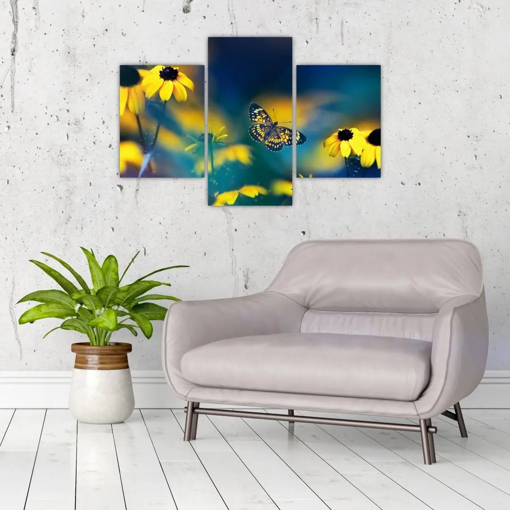 Tablou - Fluture galben și flori (90x60 cm)