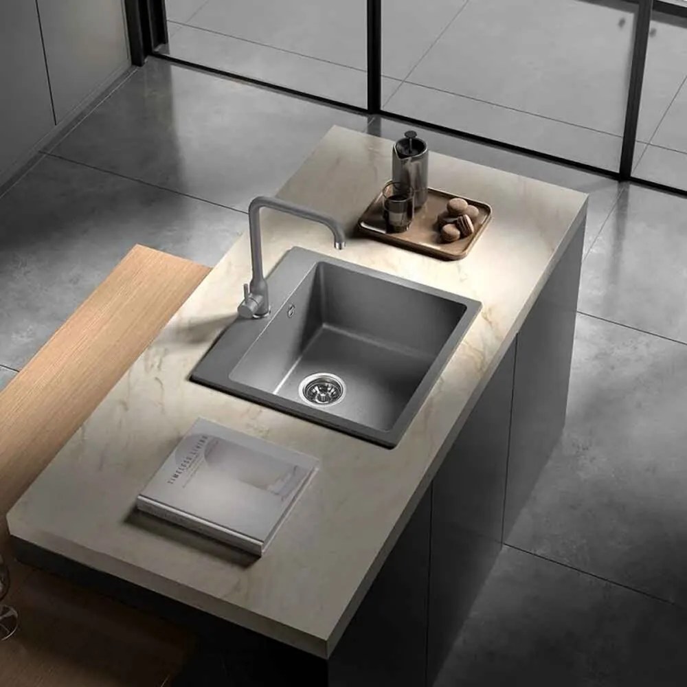 Chiuveta compozit Inter Ceramic finisaj granit gri 50x50 cm cu orificiu baterie