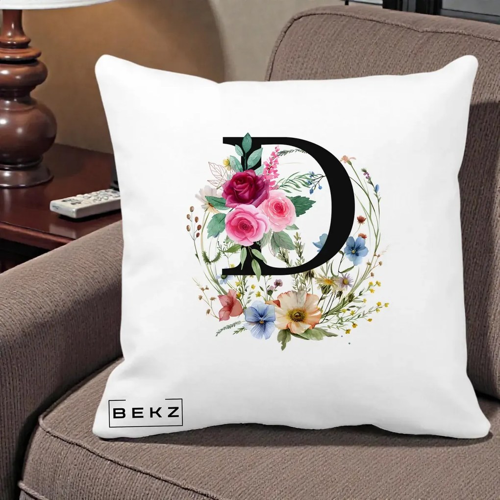 Cadou Personalizat - Perna Personalizata Monogram Litera D cu Flori Acuarela, 40x40 cm, Alba Mata, Husa Detasabila, Perna Inclusa, BEKZ®