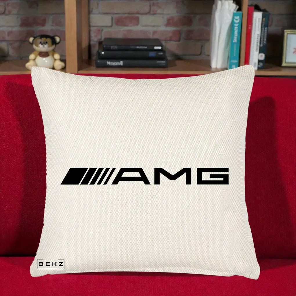Perna Personalizata cu emblema Mercedes-AMG, 40x40 cm, Crem Reliefat, Husa Detasabila, Perna Inclusa, BEKZ®