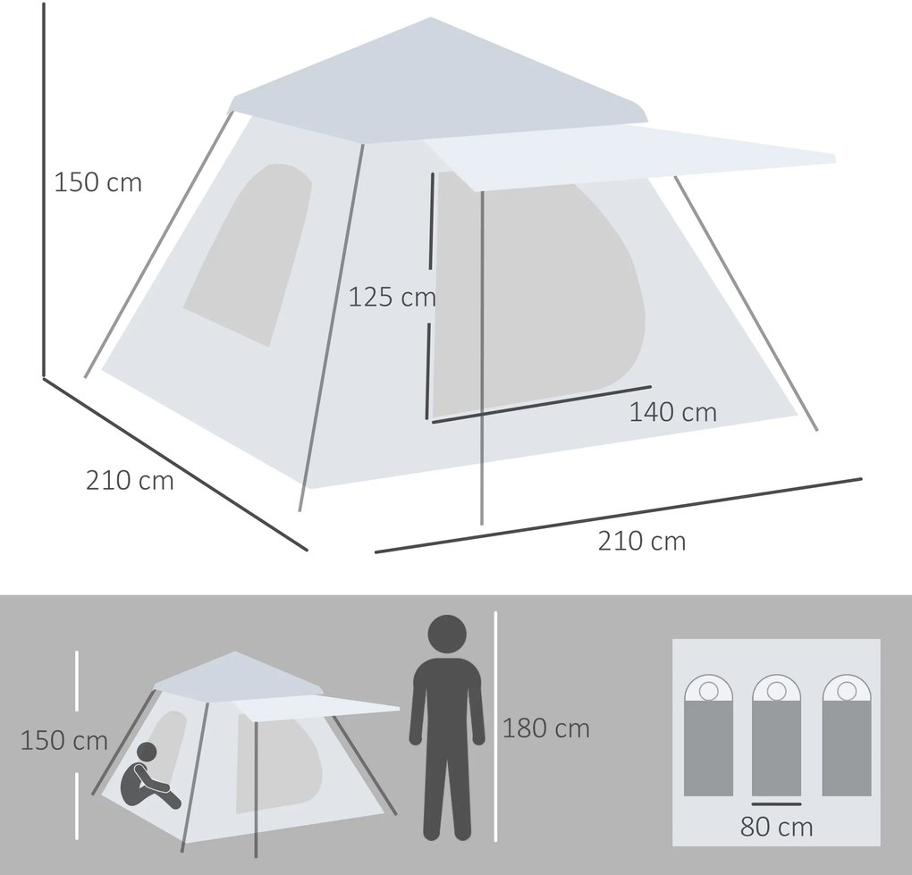 Outsunny Cort de Camping Automat cu Veranda pentru 2-3 Persoane, Cort Pop-Up in Aer Liber, Adapost Portabil pentru Drumetii cu Ferestre cu Plasa, Usa cu Fermoar,Geanta de Transport Portabila | Aosom Romania