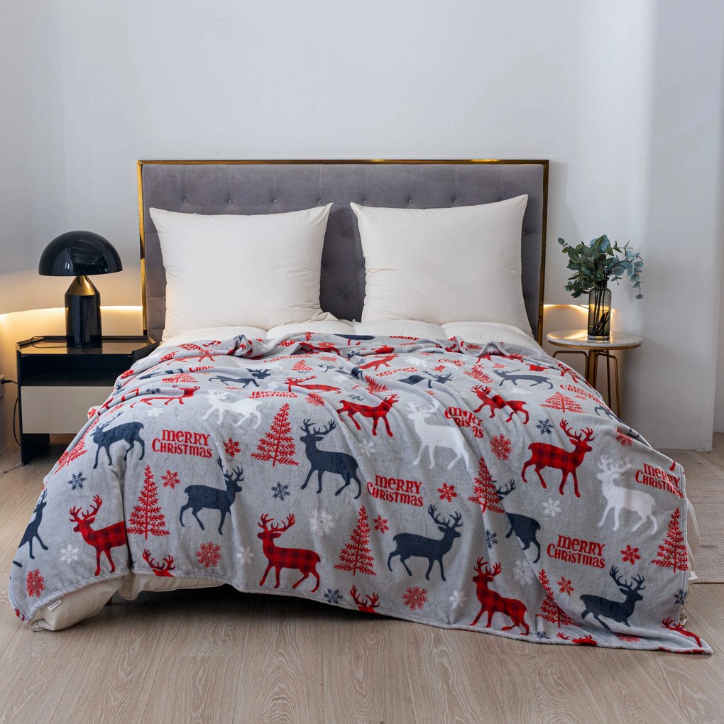 Patura de Craciun din microplus MERRY CHRISTMAS DEER gri Dimensiune: 160 x 200 cm