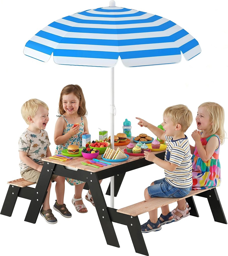AIYAPLAY Masă de picnic pentru copii cu parasolar, set de grădină din lemn 3 în 1 pentru copii 3-6 ani cu 2 cutii, natural | Aosom Romania