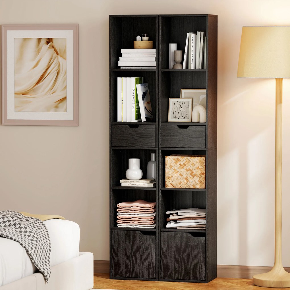 HOMCOM Bibliotecă cu 4 Rafturi Deschise, Dulap și Sertar, 30x24x158 cm, Negru | Aosom Romania