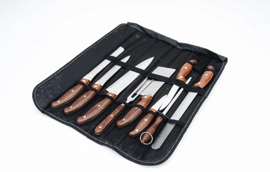 Set cuțite inox 9 piese in husa maro Royalty Line RL-K9C