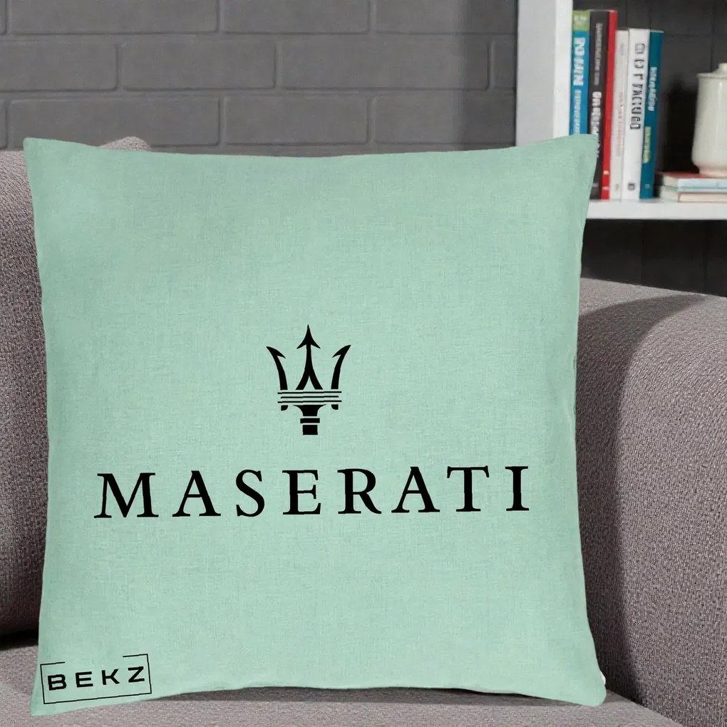 Perna Personalizata cu emblema Maserati, 40x40 cm, Verde Menta, Husa Detasabila, Perna Inclusa, BEKZ®