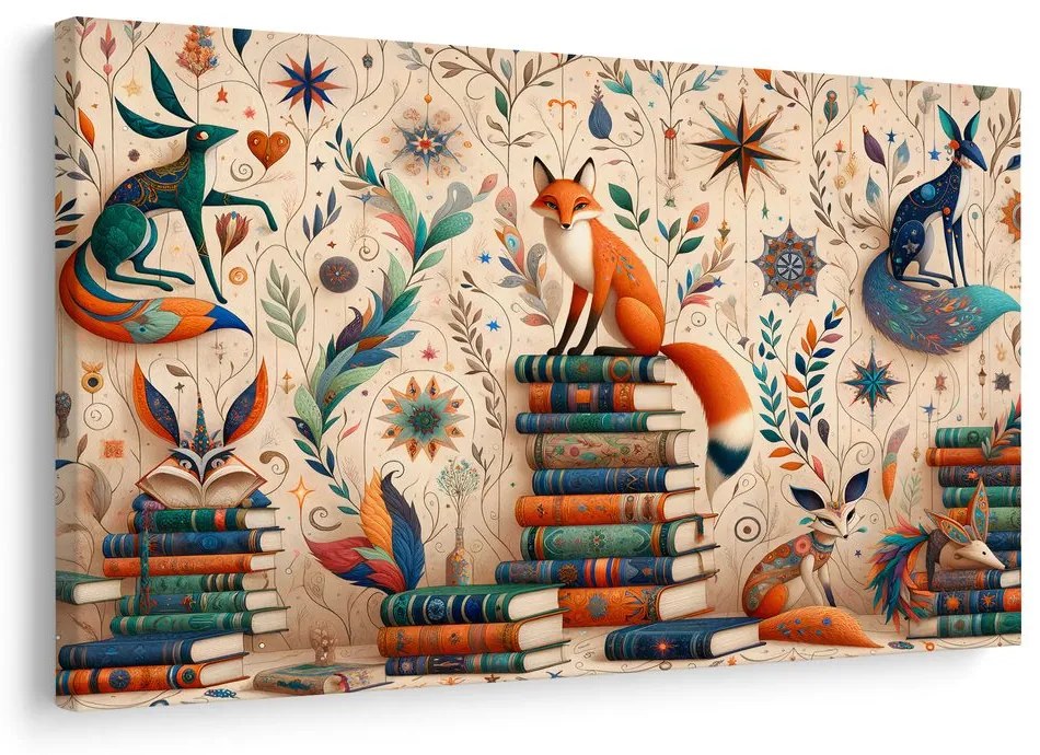 Tablou vulpi în bibliotecă