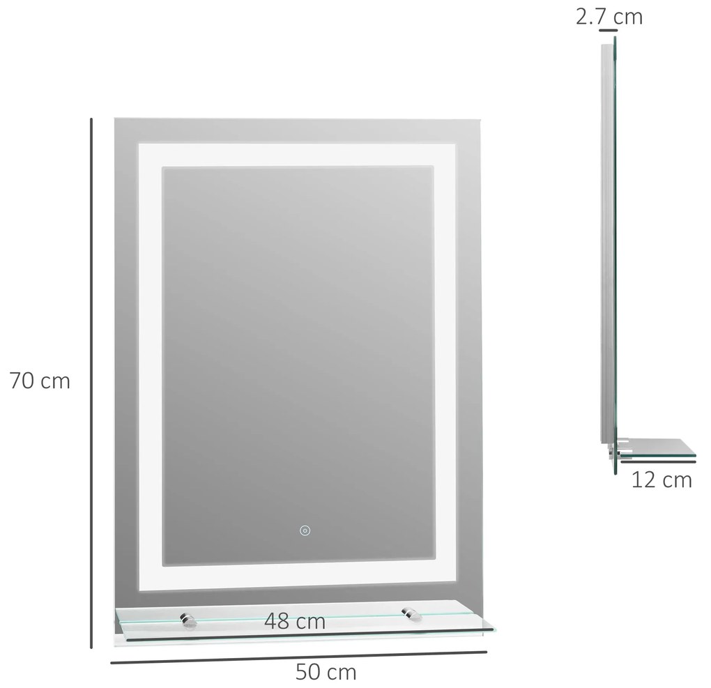 Oglinda de Baie LED touch cu raft modern pentru bai turcesti 70 x 50 cm Argintiu kleankin | Aosom RO