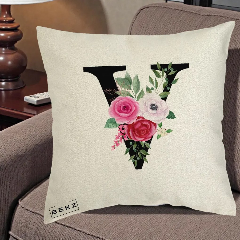 Cadou Personalizat - Perna Personalizata Monograma Florala Litera V cu Buchet, 40x40 cm, Ecru, Husa Detasabila, Perna Inclusa, BEKZ®