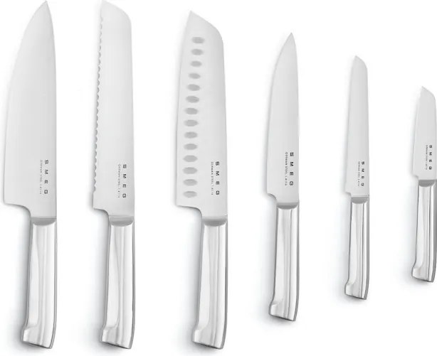 Set de cutite cu suport SMEG KBSF02CR, 7 piese, Manere din lemn de salcam, Otel inoxidabil german, Crem