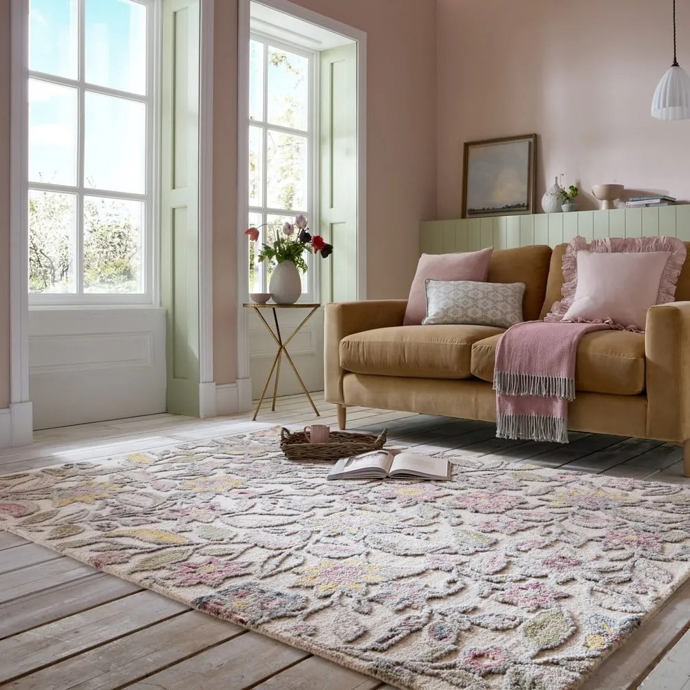 Covor crem țesut manual din lână 120x170 cm Tania Floral – Flair Rugs