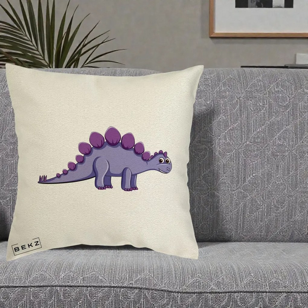 Perna Personalizata Stegozaur Mov, 40x40 cm, Ecru, Husa Detasabila, Perna Inclusa, BEKZ®