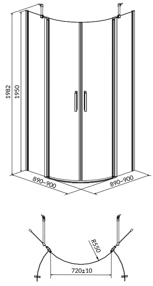 Cabina de dus semirotunda 90x90 cm Cersanit Moduo, crom 900x900 mm