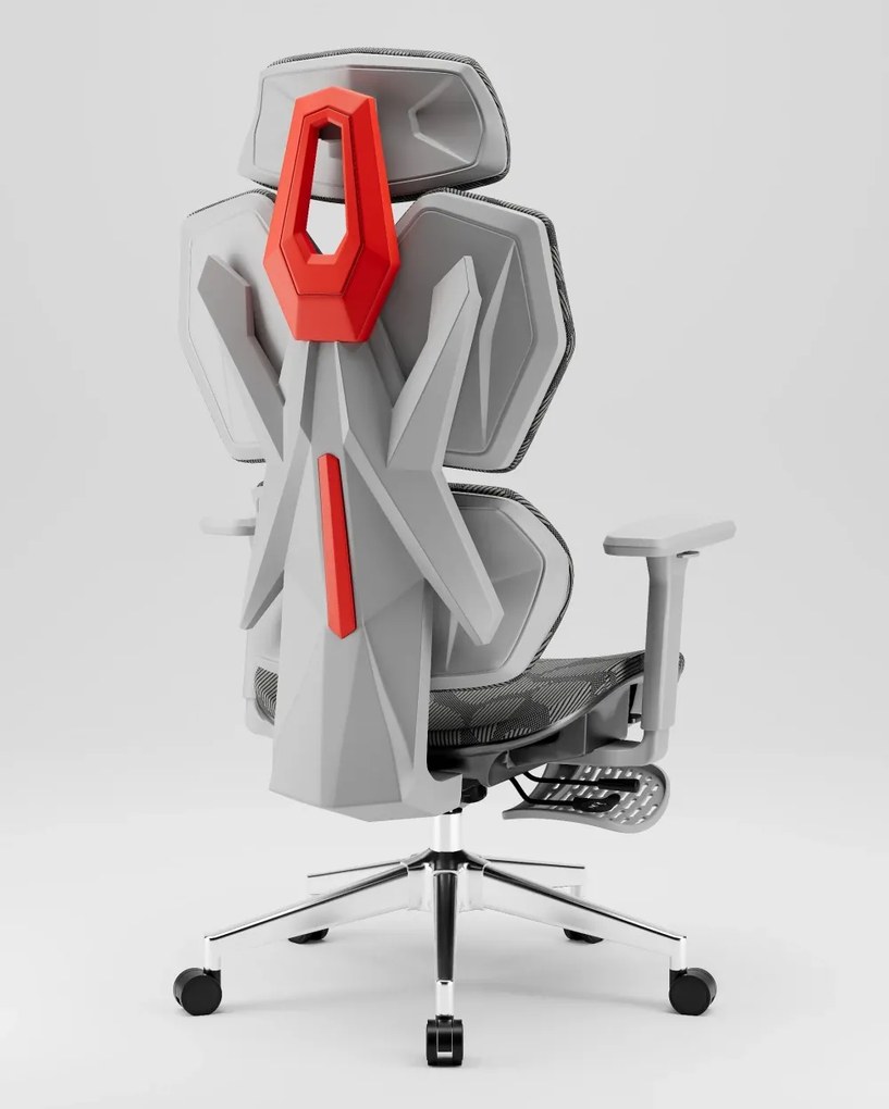 PORTO E04 Pro Executive – Scaun Ergonomic cu Suport Lombar Ajustabil, Tetieră Reglabilă, Cotiere 3D, Șezut Extensibil, Înclinare 135°, Suport pentru Picioare și Bază Metalică, Mesh, Gri