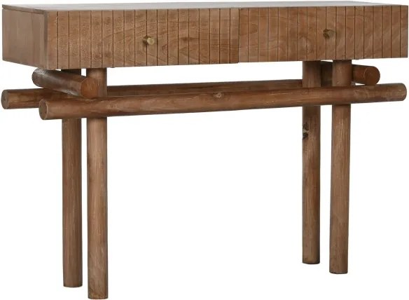 Consolă hol eclectică din lemn de mango, natur, cu 2 sertare canelate și bază din lemn rotund cu traverse încrucișate, 76 x 110 x 30 cm, „Odelin”