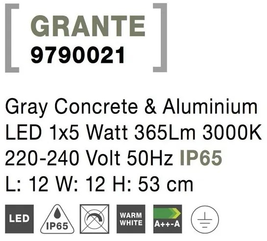 Stalp LED modern de exterior IP65 GRANTE gri ciment, H-53cm
