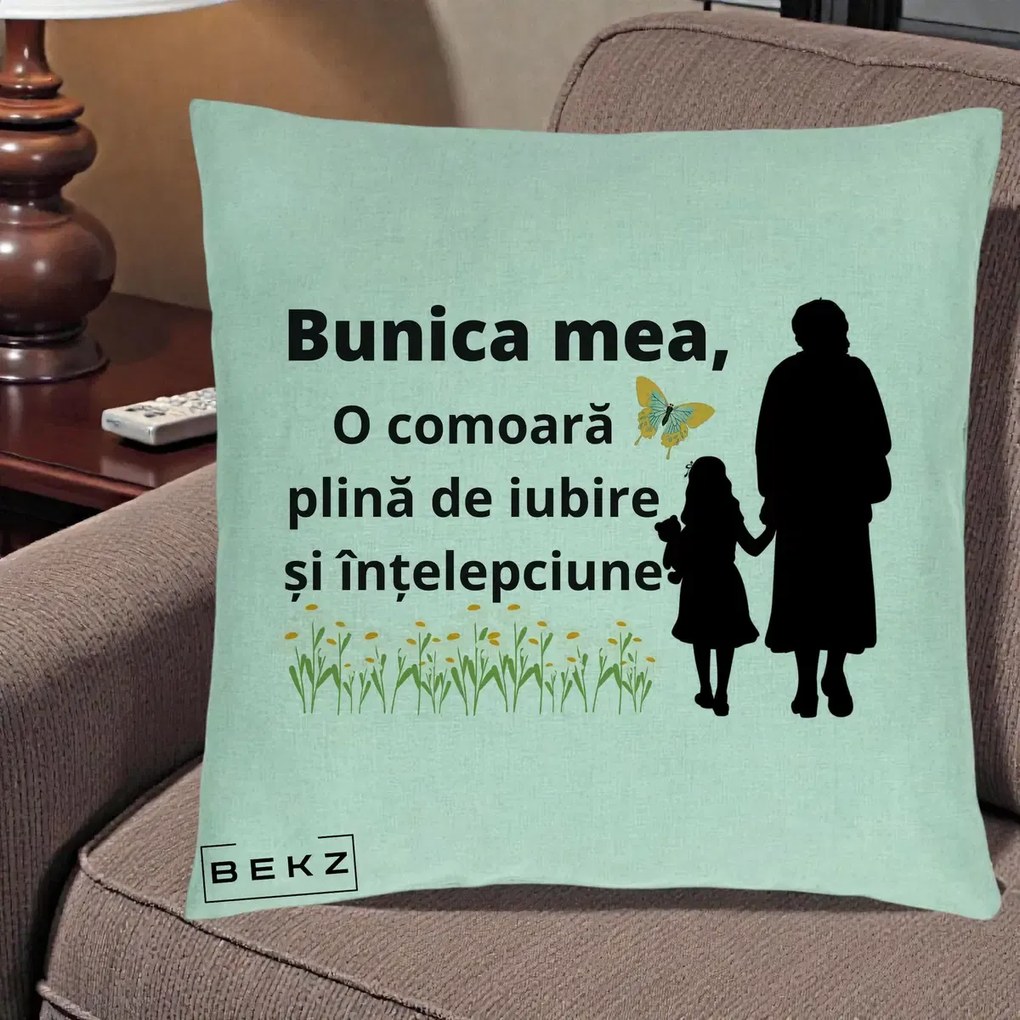 Cadou pentru Bunica - Perna Personalizata Bunica Mea Comoara Iubire Intelepciune Varianta Extinsa, 40x40 cm, Verde Menta, Husa Detasabila, Perna Inclusa, BEKZ®
