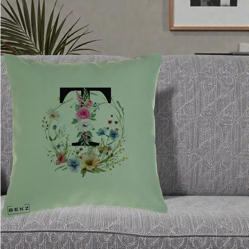 Cadou Personalizat - Perna Personalizata Monogram Litera T cu Flori Acuarela, 40x40 cm, Verde, Husa Detasabila, Perna Inclusa, BEKZ®