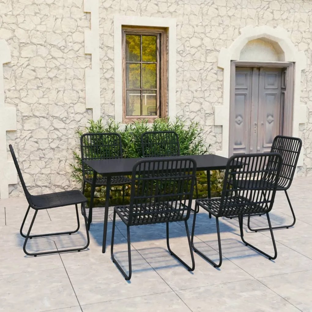 Set mobilier de exterior, 7 piese, negru, poliratan si sticla