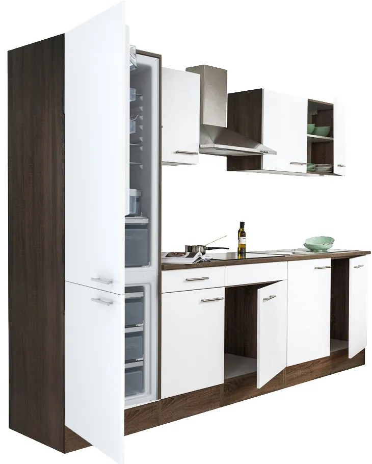 Mobilă de bucătărie Yorki 270, corp din stejar Yorki, față alb satinat, frigider cu congelator în partea de jos