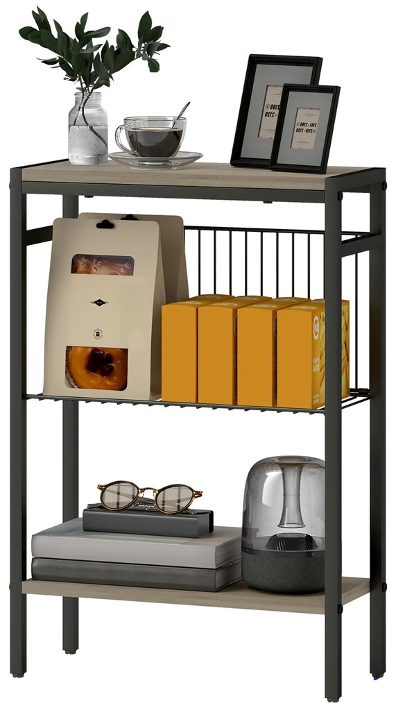 HOMCOM Masă auxiliară îngustă cu 3 nivele cu rafturi de depozitare, cadru din oțel, pentru sufragerie, dormitor, 43x18x62,5cm, gri | Aosom Romania