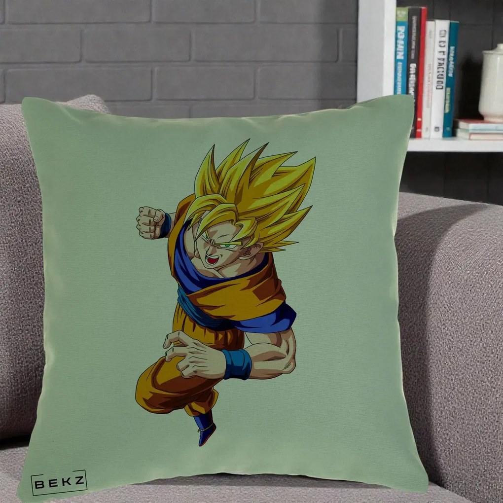 Perna Personalizata Dragon Ball Goku Super Saiyan 2 Lupta, 40x40 cm, Verde, Husa Detasabila, Perna Inclusa, BEKZ®