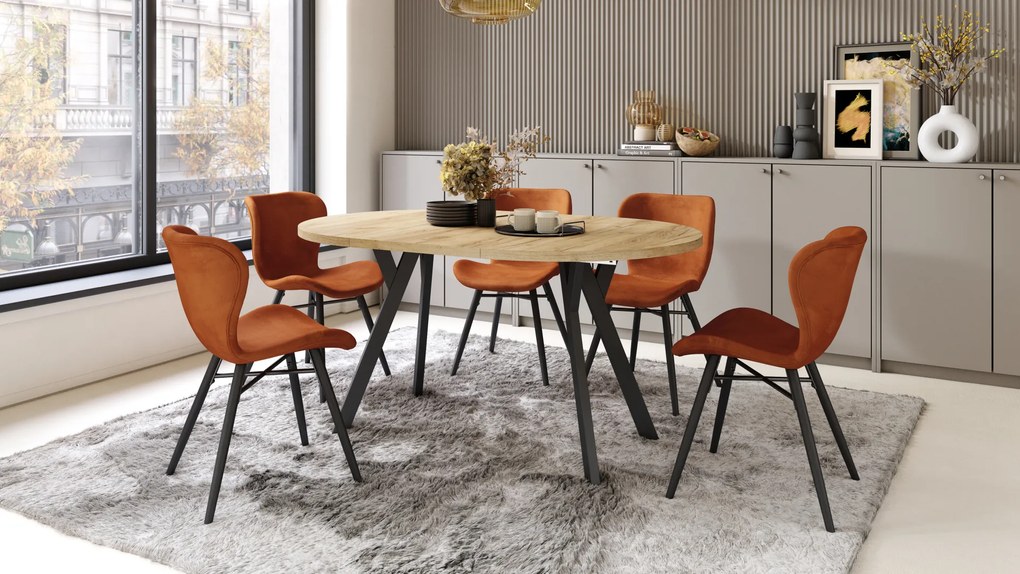 Mazzoni ALMO Stejar Craft Auriu/picioare negre - MASĂ ROTUNDĂ EXTENSIBILĂ CU PICIOARE ÎN FORMĂ DE Y STIL LOFT PENTRU SALON/SUFRAGERIE