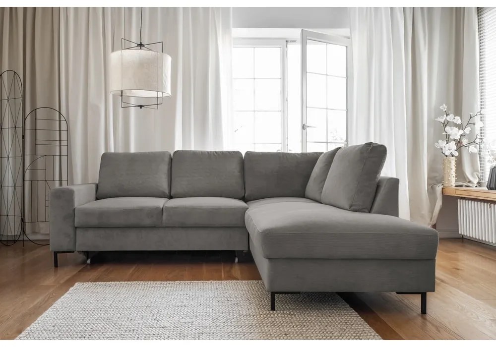 Colțar gri extensibil cu tapițerie din catifea reiată (cu colț pe partea dreaptă) Lofty Lilly – Miuform