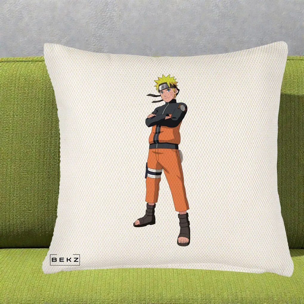 Perna Personalizata Naruto Uzumaki Portret Complet, 40x40 cm, Crem Reliefat, Husa Detasabila, Perna Inclusa, BEKZ®
