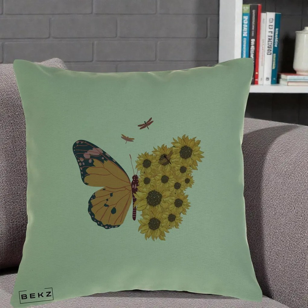 Perna Decorativa Fluture Floarea-Soarelui, 40x40 cm, Verde, Husa Detasabila, Perna Inclusa, BEKZ®
