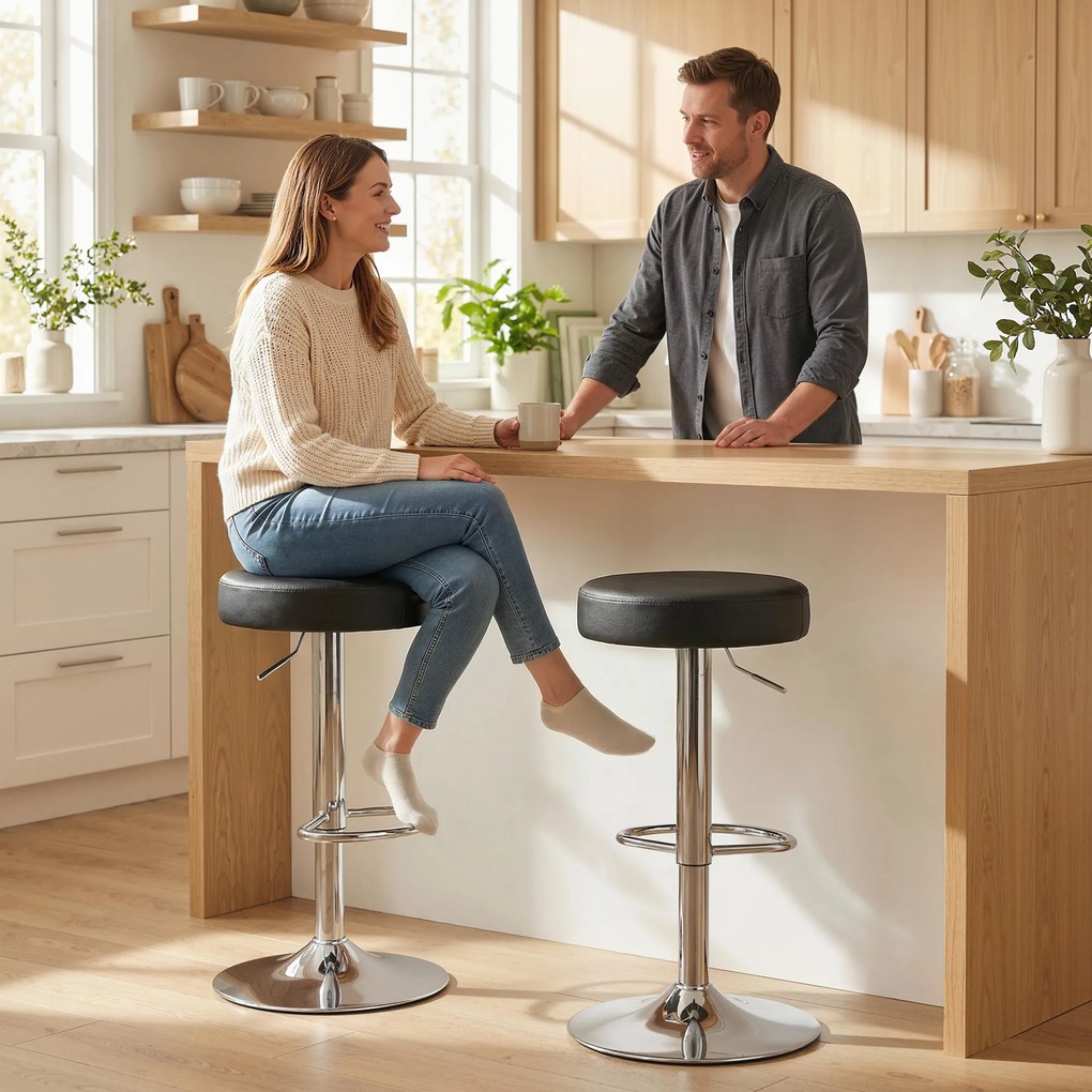 HOMCOM Set 2 Scaune de Bar din Piele PU, Rotative, Înălțime Reglabilă pentru Bucătărie, Negru | Aosom Romania