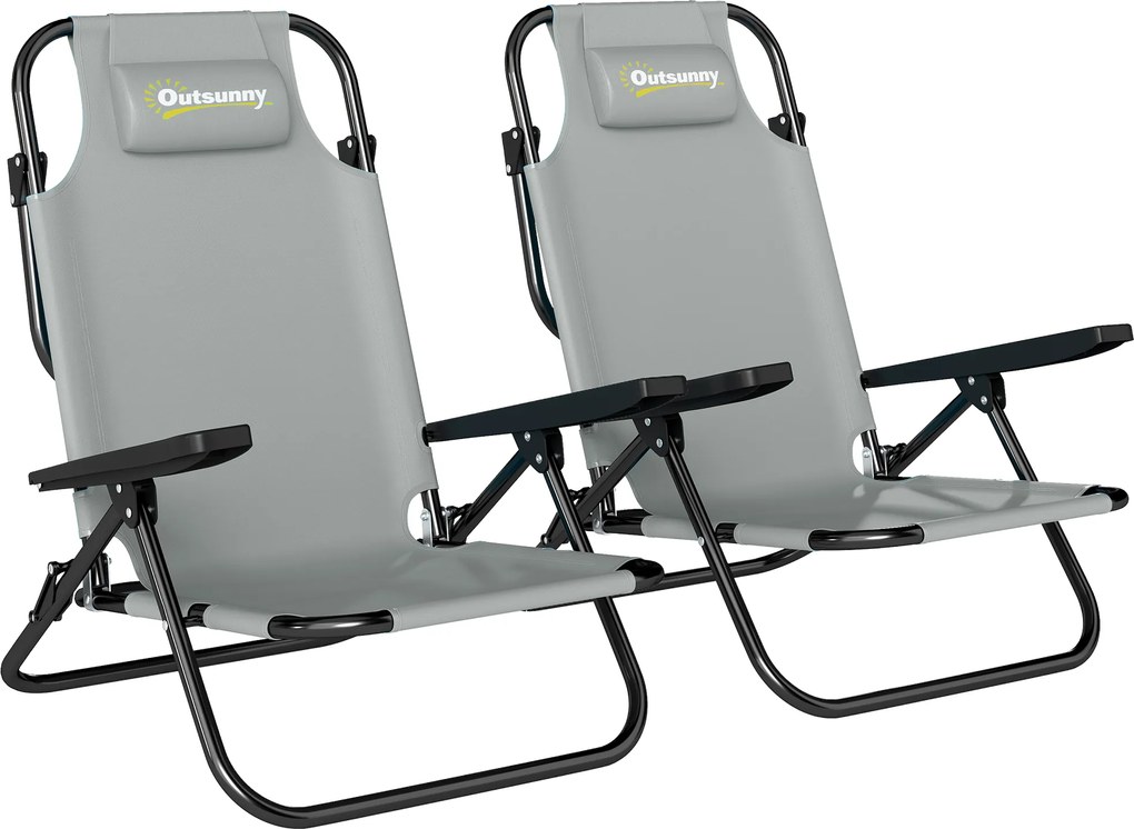 Outsunny Set de 2 Scaune de Camping Portabile, Plajă Pliabile, Spătar Reglabil, Gri Deschis. | Aosom Romania