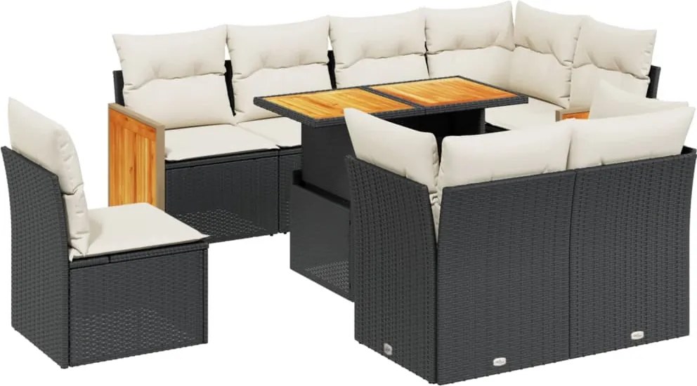 vidaXL Set mobilier de grădină cu perne, 9 piese, negru, poliratan