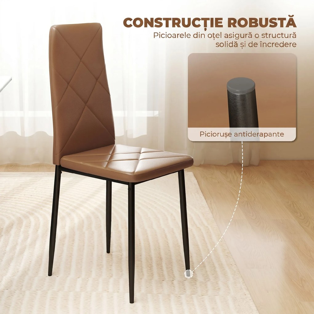 HOMCOM Set de 6 Scaune de Dining Moderne cu Spătar Înalt, din Piele Ecologică și Oțel, 41x50x97 cm, Maro | Aosom Romania