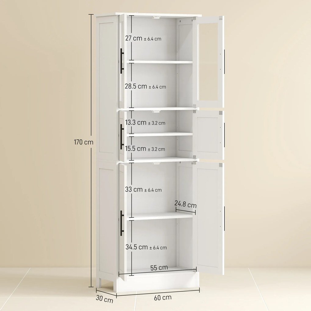 HOMCOM Dulap pentru baie, unitate depozitare 6 nivele, 6 uși dintre care 2 vitrate, rafturi reglabile, 60x30x170cm, alb | Aosom Romania