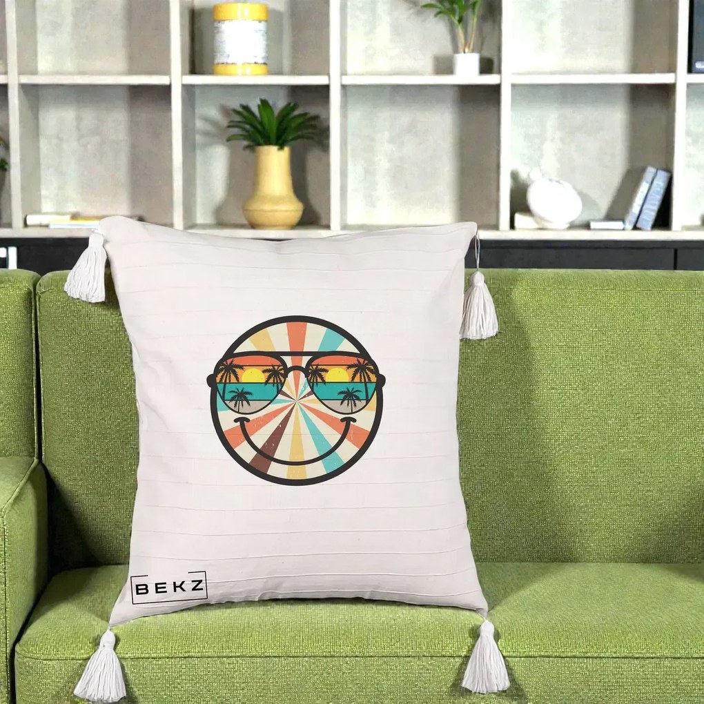 Perna Decorativa Smiley Face Retro Sunset Palmieri, 40x40 cm, Bej cu Franjuri, Husa Detasabila, Perna Inclusa, BEKZ®