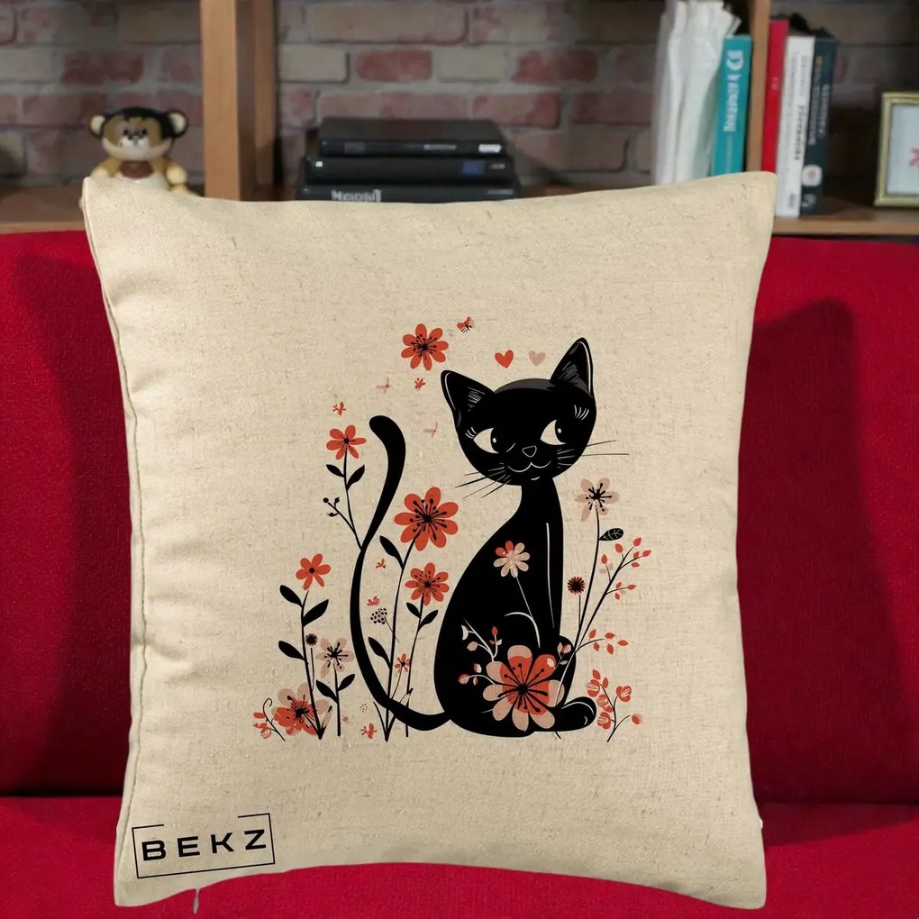 Perna Decorativa Pisica Neagra Flori Roz si Inimi, 40x40 cm, Bej, Husa Detasabila, Perna Inclusa, BEKZ®