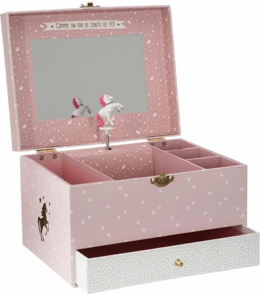 O cutie de bijuterii cu o cutie de muzică și o oglindă, de culoare roz