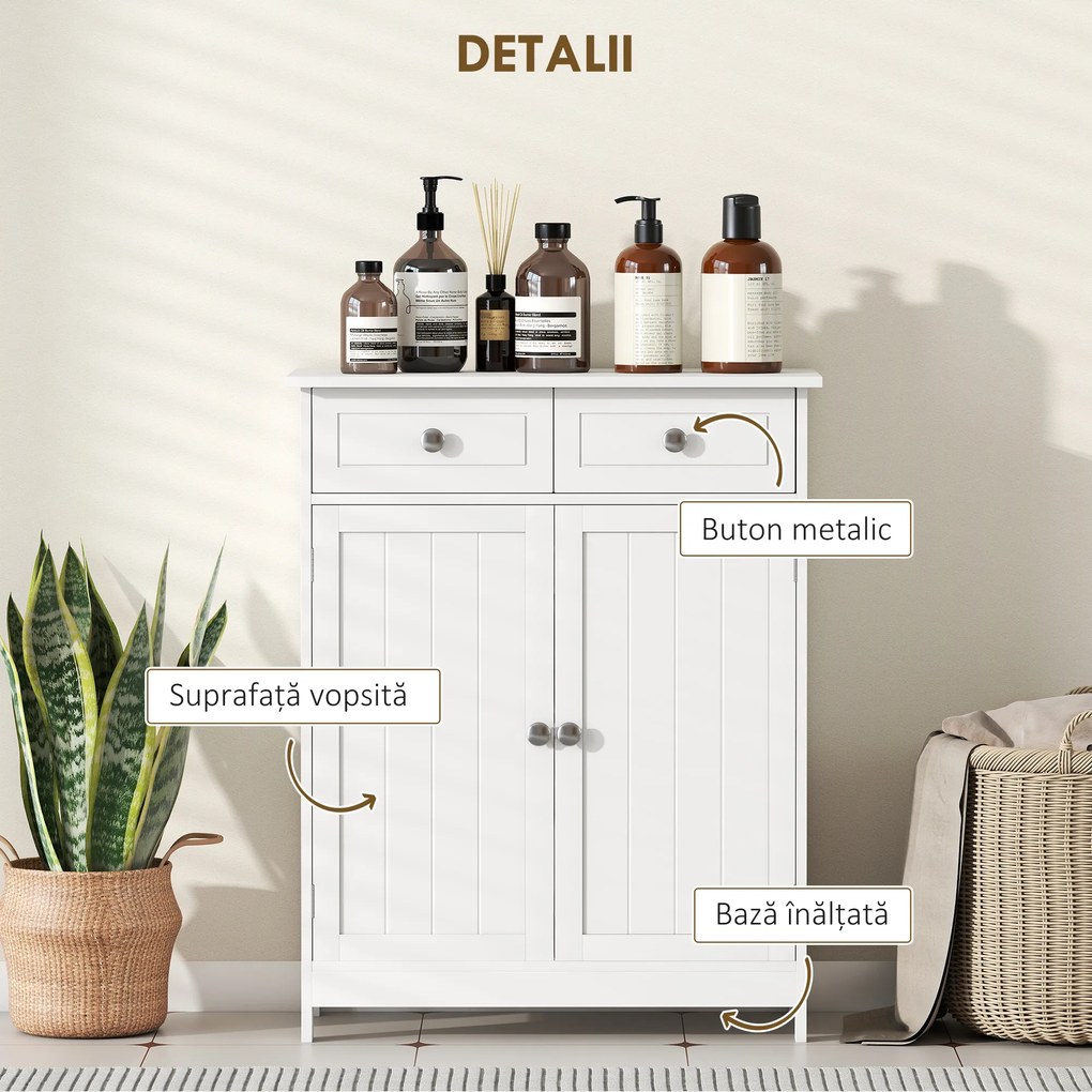 kleankin Dulap de Depozitare Organizator Independent pentru Baie de Podea cu 2 Usi, 2 Sertare si Raft Reglabil, Alb | Aosom Romania