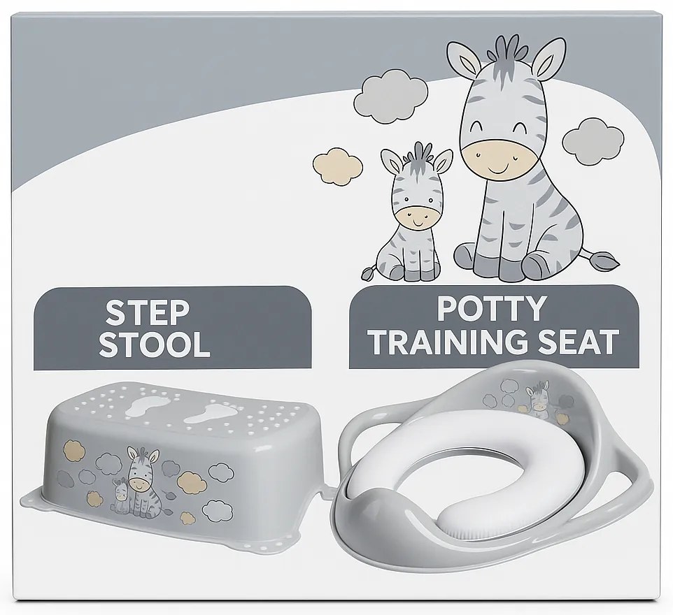 ,œ Set complet Reductor Toaleta cu Colac Moale + Inaltator Baie Antiderapant, Zebra Gri , Maltex Baby